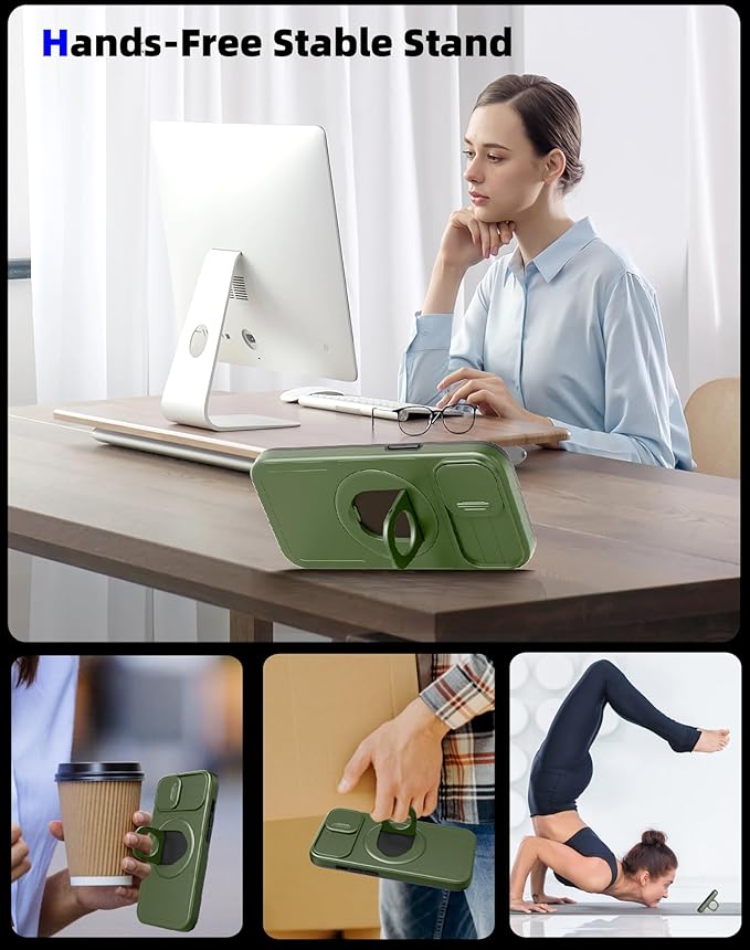 for iPhone 12 Case & for iPhone 12Pro Case Magnetic Compatible with MagSafe Wireless Charging with 2 Screen Protectors,with Kickstand & Camera Cover,Military Grade Heavy Duty Protection Green