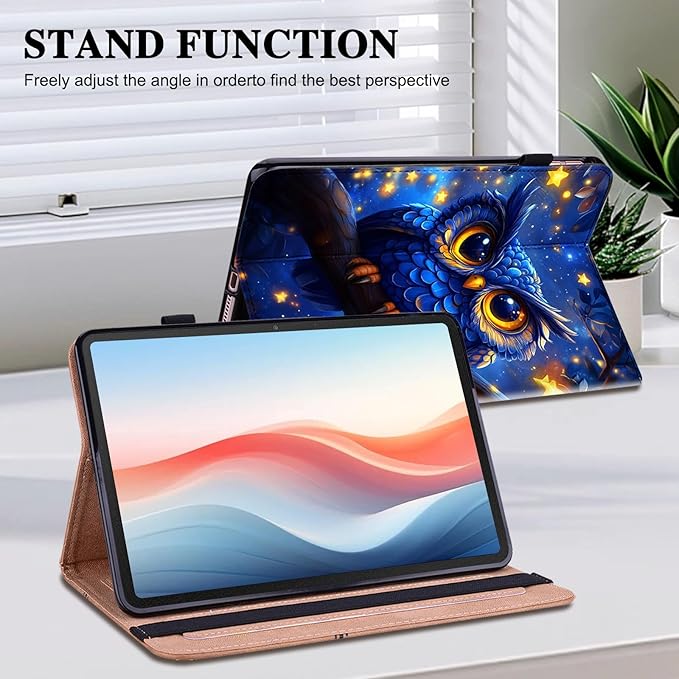 Case for Samsung Galaxy Tab A9 8.7 Inch 2023 (SM-X110/X115/X117) Tablet with Pencil Holder, Multiangle Stand Wallet Design Cover, Blue Owl