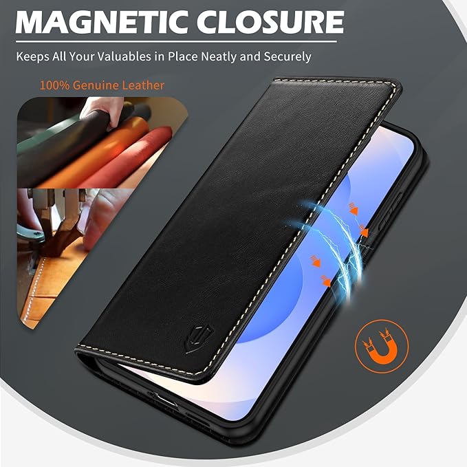 SHIELDON Case for Galaxy S25 FE 6.7" 2025, Genuine Leather Flip Wallet Case RFID Blocking Card Holder Magnetic Stand Shockproof Protective Cover Compatible with Galaxy S25 FE 5G - Retro Black