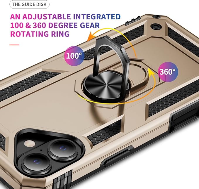 ADDIT Compatible with iPhone 17 Case with Tempered Glass Screen Protector, Adjustable Kickstand Ring, Military-Grade Heavy Duty Protection, Shockproof, Anti-Fingerprint,Gold