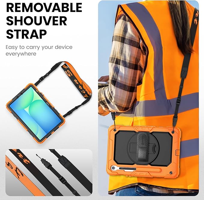 Timecity Case for Samsung Galaxy Tab S10 FE/ S9 FE 5G 10.9 Inch/ S9 11 Inch - Heavy Duty Protective Cover with Screen Protector, Rotating Stand, Shoulder Strap & S Pen Holder | Kids-Friendly, Orange