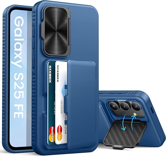 for Samsung Galaxy S25 FE Case with Card Holder, Built-in Stand & Camera Lens Cover, Shockproof Rugged Silicone Raised Edge Protective Wallet Phone Case for Samsung S25 FE 2025, Blue