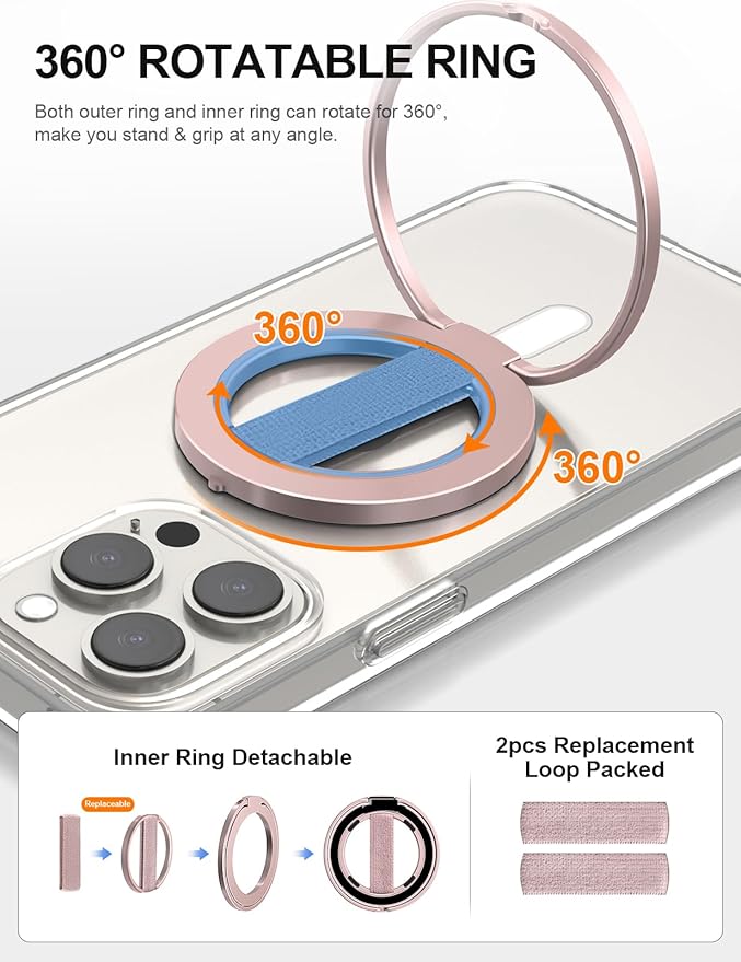 EWA MagOne Ultra for Magsafe Phone Grip Kickstand [Replaceable Elastic Finger Loop], Mag Safe Ring Holder Stand, Two-Sided Magnetic Phone Accessories for iPhone 17,16,15,14,13,12 Pro/Max/Plus-RoseGold