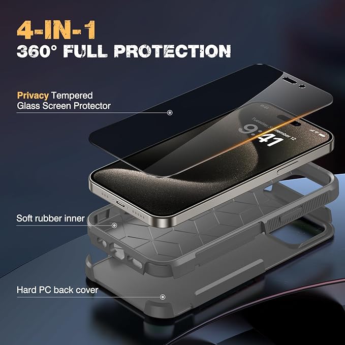 Diaclara Designed for iPhone 15 Pro Max Case, [with Privacy Screen Protector] [Anti Spy] [Military Grade Drop Protection] Heavy Duty Full-Body Shockproof Phone Case, Natural Titanium