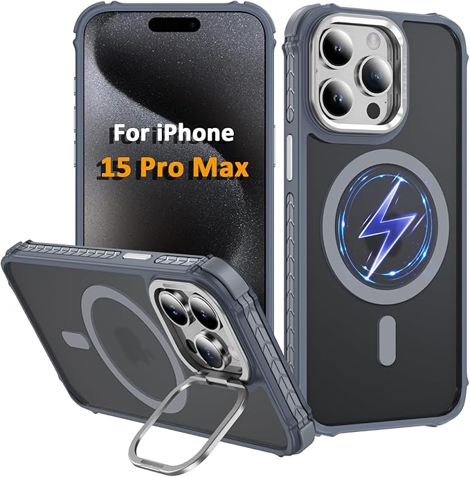 Magnetic for iPhone 15 Pro Max Case Gray with MagSafe Wireless Charging Heavy Duty Military-Grade Shockproof Protection Adjustable Kickstand Slim Matte Anti-Fingerprint Cover Men Women