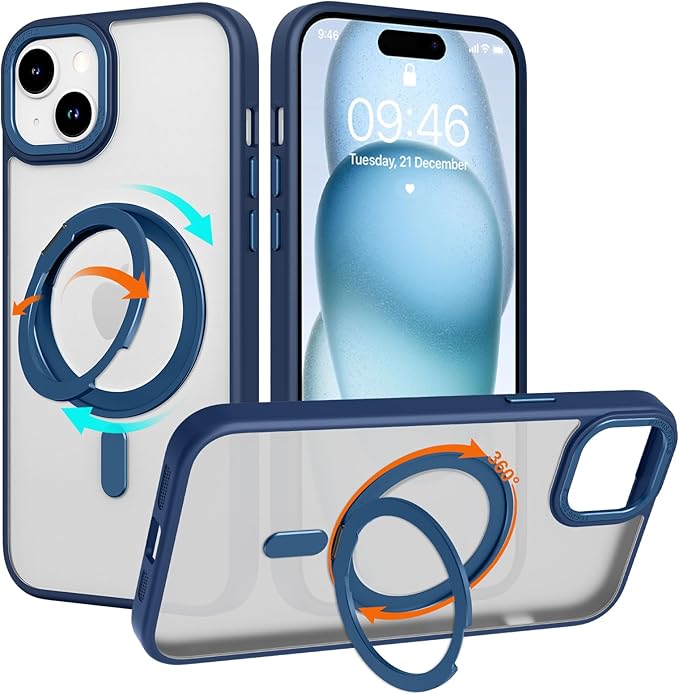 ZIYE Magnetic Case for iPhone 15 Case with Stand [Compatible with MagSafe] Slim Shockproof Military Grade Heavy Duty Cover with 360 Rotatable Ring Kickstand for Women Men, Translucent Blue