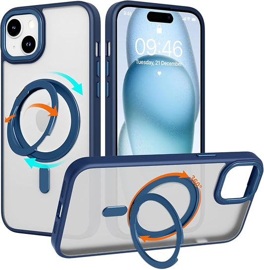 ZIYE Magnetic Case for iPhone 15 Case with Stand [Compatible with MagSafe] Slim Shockproof Military Grade Heavy Duty Cover with 360 Rotatable Ring Kickstand for Women Men, Translucent Blue