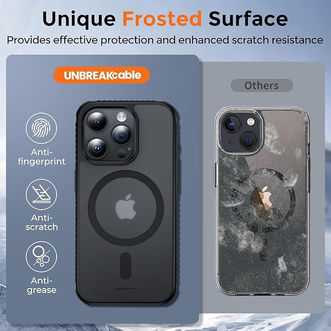 UNBREAKcable Magnetic Case for iPhone 15 Pro, [Compatible with MagSafe] [Non-Slip Grip] [Anti-Fingerprint] Translucent Matte Back & Soft TPU Bumper with Airbag Corners for iPhone 15 Pro 6.1" – Black