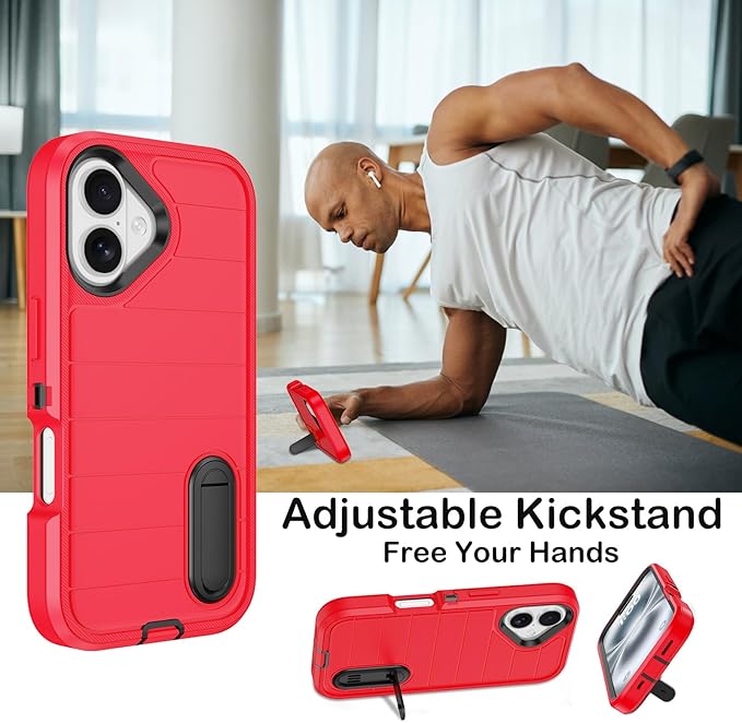 for iPhone 16 Case with 2 Screen Protectors,Heavy Duty Shockproof Drop Protection Military Grade Tri-Layer Rugged Cell Phone Cover with Built-in Invisible Kickstand for Apple 16 6.1“ (Red)