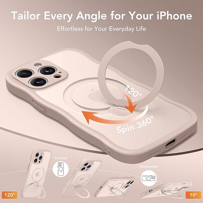 for iPhone 14 Pro Case for Women,[Compatible with Magsafe][360° Spin Magnetic Stand][Cute Wave Edge][Military-Grade Protection] Translucent Matte Phone Case for iPhone 14 Pro, Rose Gold