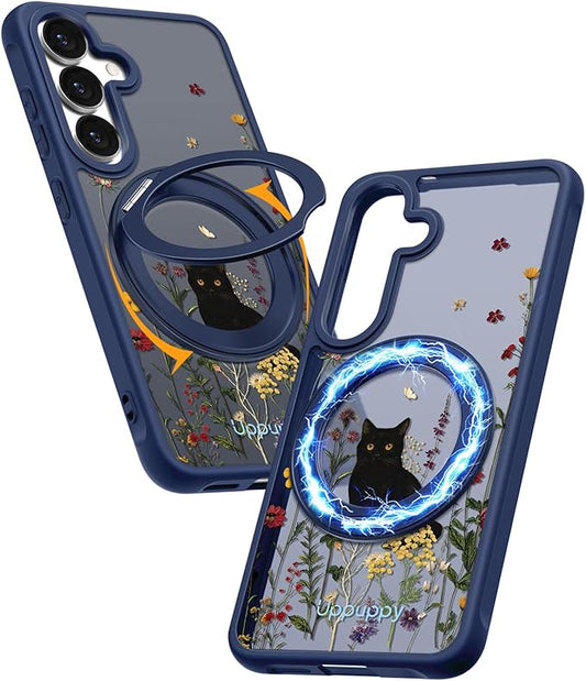 for Samsung Galaxy S25 Case with 360° Rotatable Magnetic Ring - Compatible with MagSafe, Semi-Transparent Anti-Fingerprint Soft-Touch Material Shockproof, Cute Black Cat Design for Women Girl