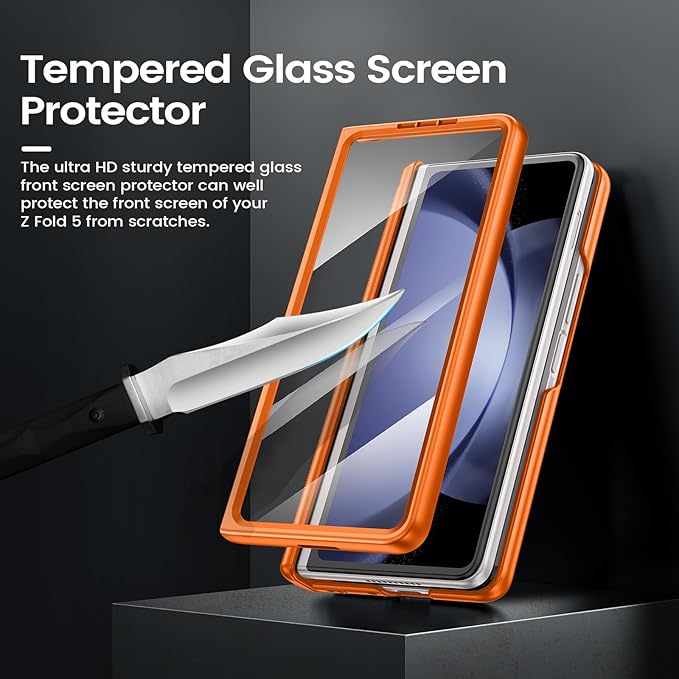 VEGO for Galaxy Z Fold 5 Case with Belt Clip Holster, 360°Ring Magnetic Kickstand & Camera Cover & Front Screen Protector, Hinge Protection Shockproof Armor Cover - Orange