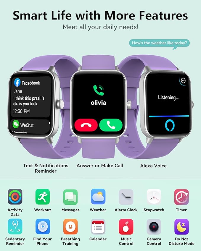 Smart Watches for Women/Men, Smart Watch for Android Phones and iPhone Compatible, Alexa Built-in, 1.8" Fitness Watches for Women, IP68 Waterproof/Bluetooth Call, Heart Rate/Sleep Monitor, Purple
