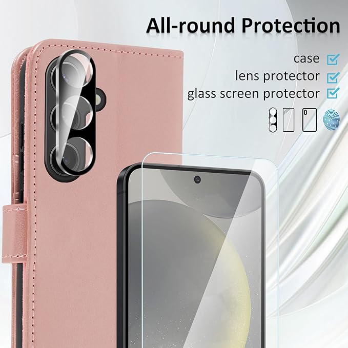 MONASAY Wallet Case Fit for Samsung Galaxy S24+ Plus 5G, [Lens & Glass Screen Protector Included] [RFID Blocking] Flip Folio Leather Cell Phone Cover with Credit Card Holder，6.7 inch, Rosegold