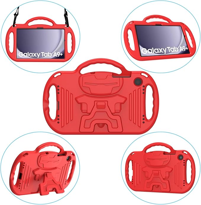 AVAWO Kids Case for Samsung Galaxy Tab A9+/A9 Plus 11 Inch 2023 Case, with Strap, Shockproof Lightweight Handle Stand 2023 Model (SM-X210/X216/X218) with Lanyard, Red