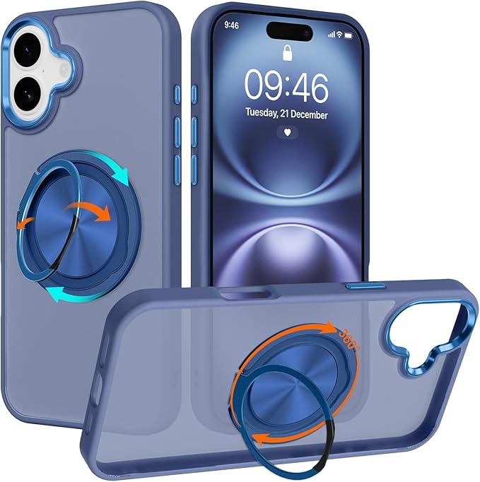 ZIYE Blue Case for iPhone 16 Case with Stand [Compatible with MagSafe] Slim Heavy Duty Protection Military Grade Shockproof Magnetic Cover with 360 Rotatable Ring Kickstand for Women Men