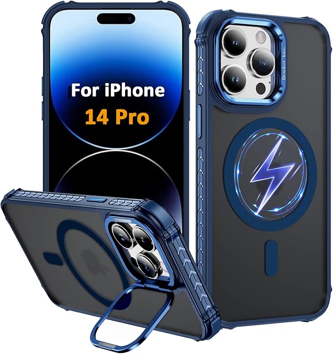 Magnetic for iPhone 14 Pro Case Blue with MagSafe Wireless Charging Heavy Duty Military-Grade Shockproof Protection Adjustable Kickstand Slim Matte Anti-Fingerprint Cover Men Women