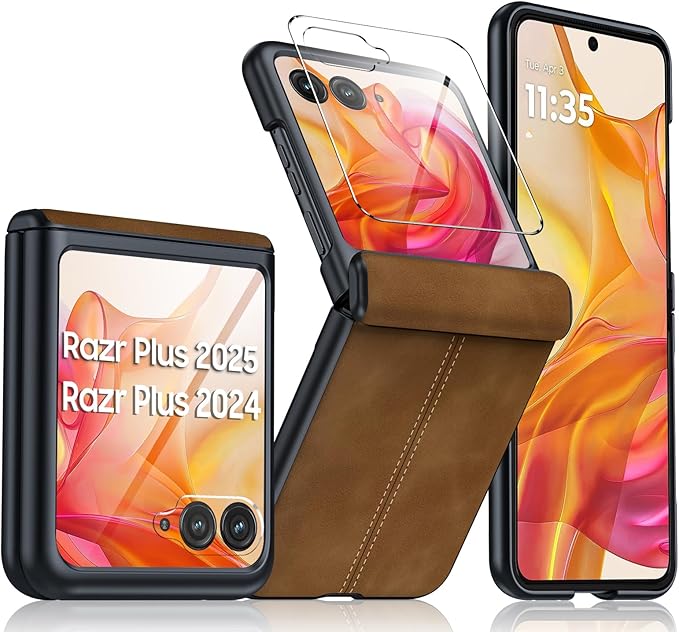 for Motorola razr+ Plus 2024 Case/Razr+ Plus 2025 Case Built-in Screen Protector& Hinge Protection & Ultra Thin PU Leather Matte PC Shockproof Phone Case for Moto Razr+ 2024/Razr+ 2025 (Brown)
