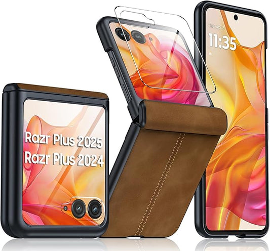 for Motorola razr+ Plus 2024 Case/Razr+ Plus 2025 Case Built-in Screen Protector& Hinge Protection & Ultra Thin PU Leather Matte PC Shockproof Phone Case for Moto Razr+ 2024/Razr+ 2025 (Brown)