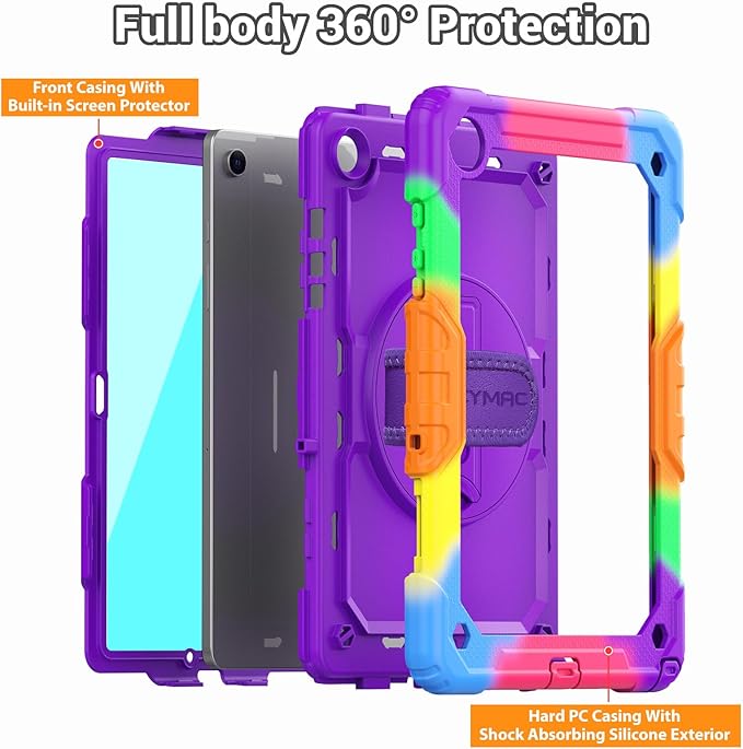 SEYMAC Case for Samsung Galaxy Tab A9+/ A9 Plus 11" (SM-X210/X216/X218), Heavy Duty Shockproof Protective Case with Screen Protector, Rotating Stand, Hand/Shoulder Strap, Purple