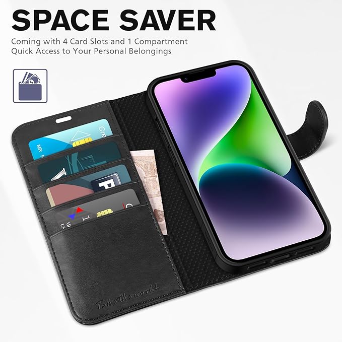TUCCH Case Wallet for iPhone 14, [RFID Blocking] 4 Card Holder Stand [Shockproof TPU Interior Shell], PU Leather Magnetic Protective Flip Cover 6.1" 2022, Black