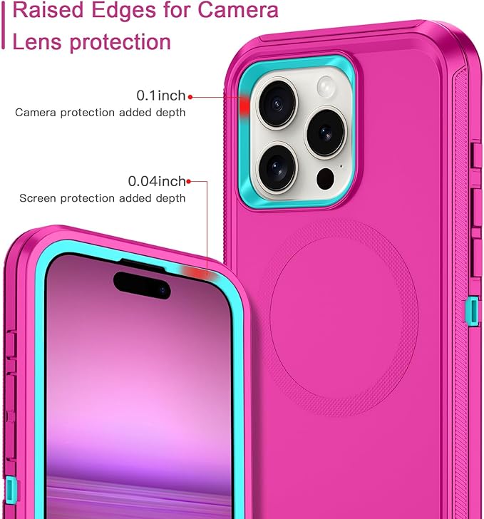 for iPhone 15 Pro Case [Compatible with MagSafe] Shockproof 3-Layer Full Body Protection Rugged Heavy Duty Cover Case for Apple iPhone 15 Pro 6.1",Rose Red/Green