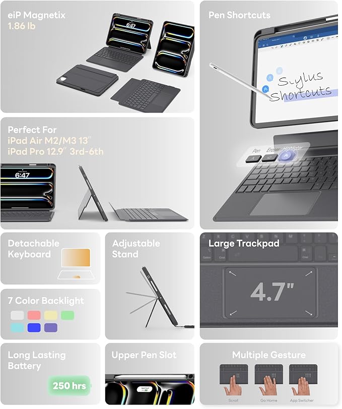 EIP Bluetooth Keyboard Case for iPad Air 13 inch (M3 2025/M2 2024), 13" Magnetic Detachable Case with Trackpad, 7-Color Backlit Keys, Stylus Shortcut Support, Slim Protective Cover