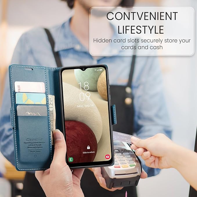 for Samsung Galaxy A12 5G Case, Premium PU Leather Wallet Case Flip Cover with [RFID Blocking][Card Holder][Stand Function] Shockproof Protective for Samsung Galaxy A12, Blue