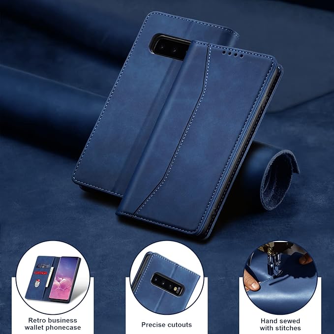 Jasonyu Flip Wallet Case for Samsung Galaxy S10,Leather Magnetic Folio Cover with Card Holder,Kickstand - TPU Shockproof Durable Protective Phone Case,Blue
