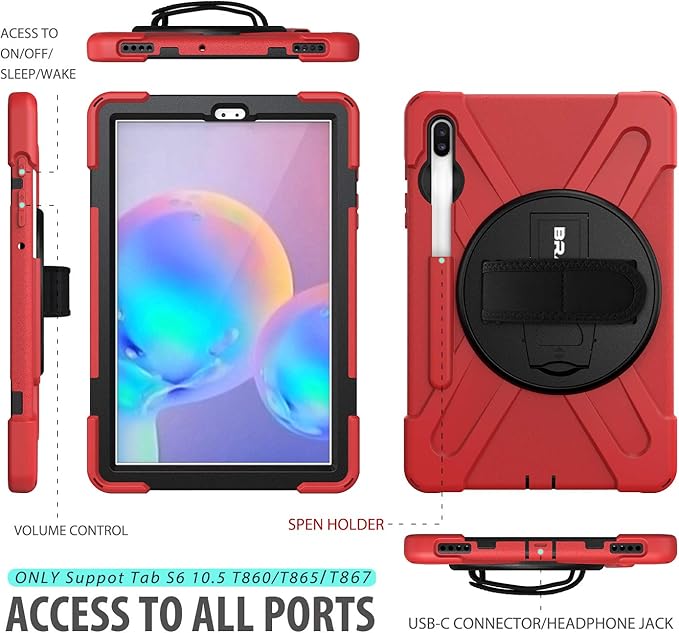 BRAECN for Galaxy Tab S6 Case,[with S Pen Holder] Three Layers Heavy Duty Shockproof Case with Hand Strap,Shoulder Strap,360 Kickstand for Galaxy Tab S6 10.5 Inch 2019(SM-T860/T865/T867)-Red