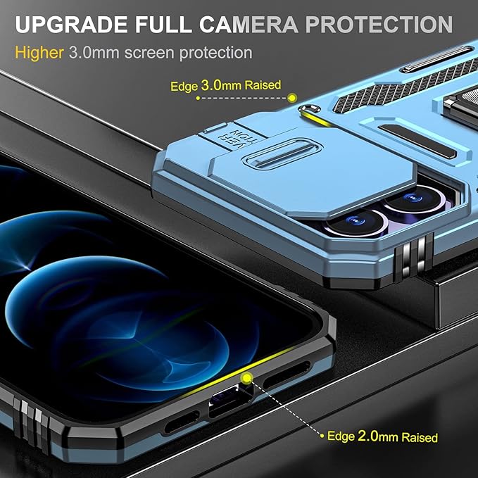 Phone Case for iPhone 14 Pro Max Case with Camera Lens Cover, with Ring Holder Kickstand, fit Magnetic Car Mount, for iPhone 14 Pro Max (Light Blue)