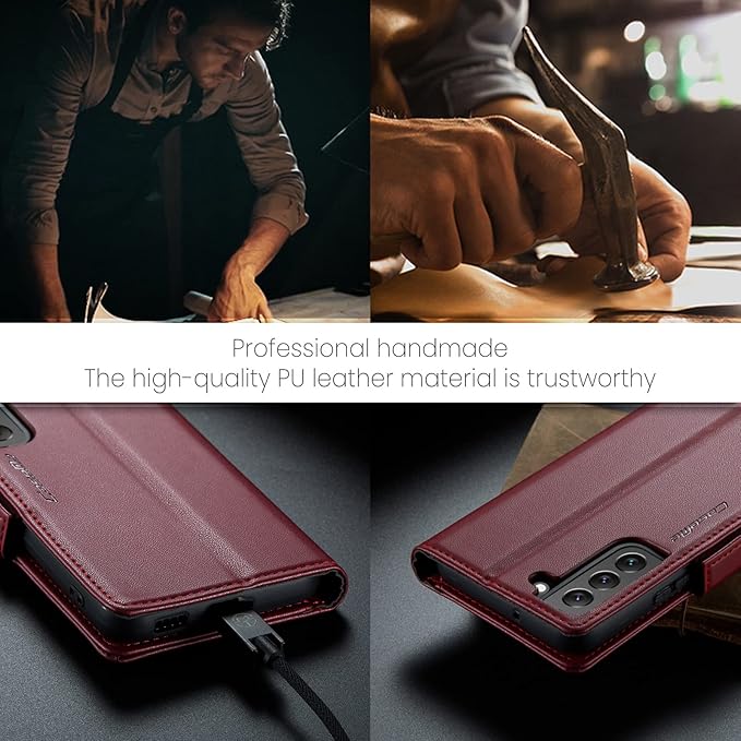 AUPAI for Samsung Galaxy S21 Wallet Case with Credit Card Holder, PU Leather RFID Blocking Folio Flip Kickstand Magnetic Clasp Protective Phone Cover for Women Men Wine Red