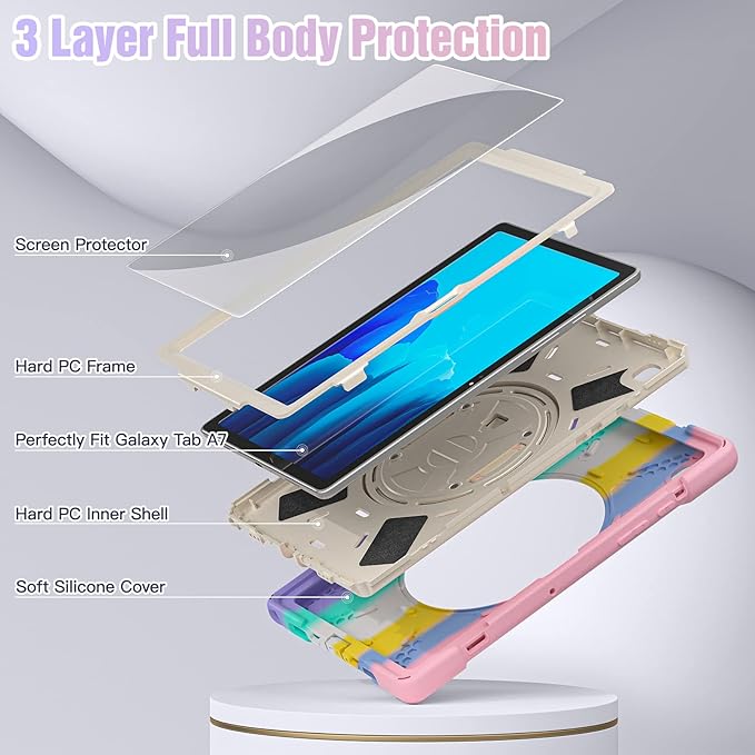 BRAECNstock for Samsung Galaxy Tab A7 10.4 inch Case 2022/2020 (SM-T500/T505/T509) with Screen Protector Shockproof Protective Tab A7 Kids Case with Rotating Stand+Hand Strap Pen Holder - Rainbow Pink