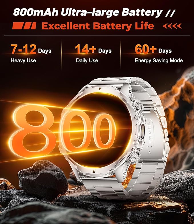 Smart Watches for Men(Answer/Make Calls) with LED Flashlight, 1.85"HD Screen Outdoor Sports Smartwatch ,800mAh Battery,Heart Rate/Sleep Monitor 5ATM Waterproof Fitness Tracker for Android iOS,Sliver