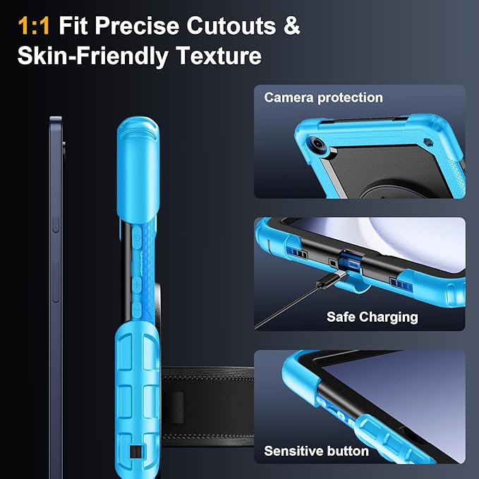 Case for Samsung Galaxy Tab A9+/A9 Plus 11 Inch 2023(SM-X210/X216/X218), Ubearkk Full-Body Drop Protection Case with Screen Protector, 360° Rotating Stand and Hand/Shoulder Strap, Brightblue