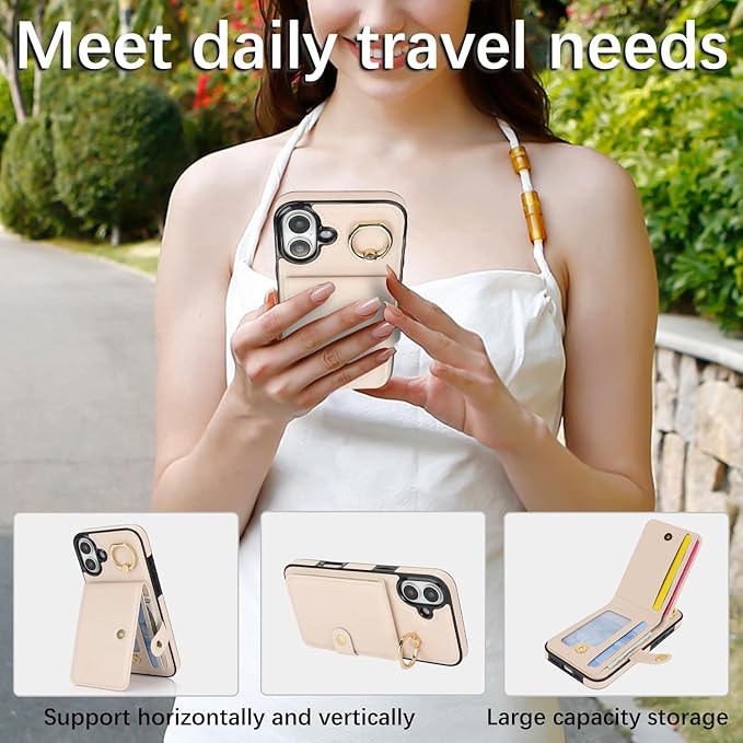 Compatible iPhone 16 Plus Wallet Case with Card Holder RFID Blocking PU Leather Doubles as a Wallet Unisex Flip Shockproof Protection with Card Slots Ring Wrist Kickstand Function,White