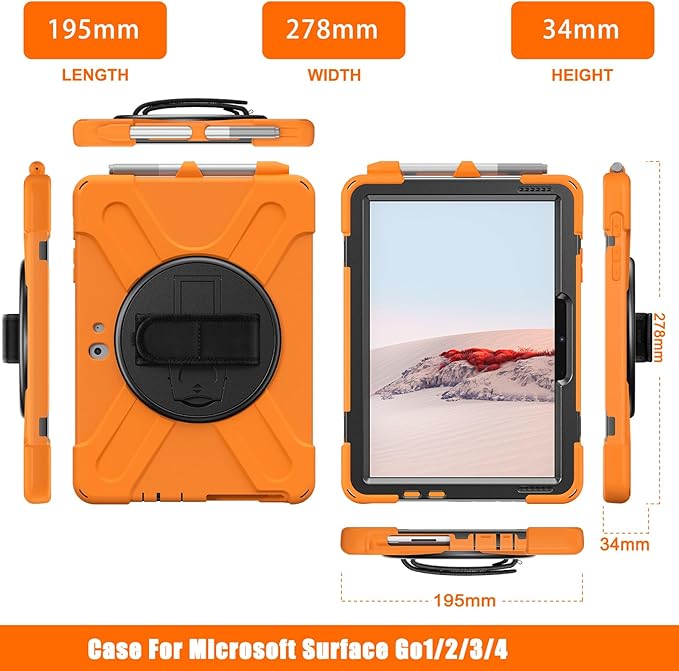 ZenRich Rugged Case for Surface Go with Pen Holder, Heavy Duty Shockproof Case with Stand, Hand Strap and Shoulder Belt - Orange