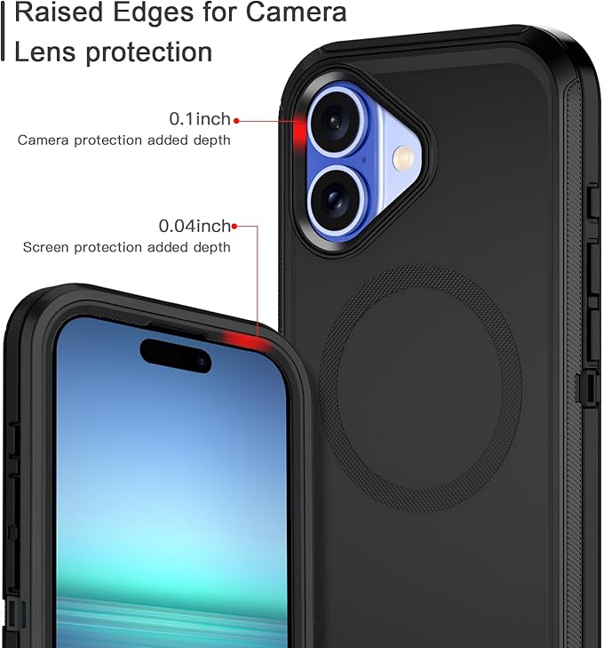 for iPhone 16 Plus Case [Compatible with MagSafe] Shockproof 3-Layer Full Body Protection [Without Screen Protector] Rugged Heavy Duty Cover Case for Apple iPhone 16 Plus 6.7",Black/Black
