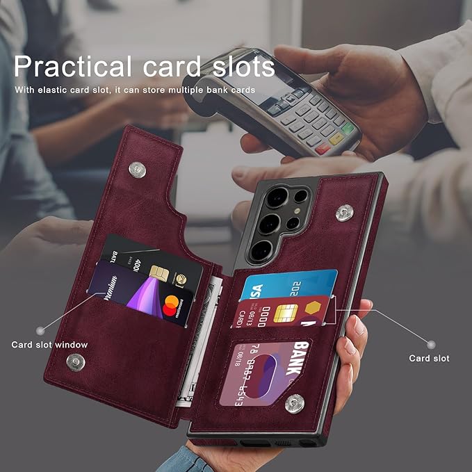 DJDUCK Designed for Samsung Galaxy S25 Ultra Case Wallet with Card Holder, [Magnetic Clasp Cover] [RFID Blocking Leather Protection] Shockproof Women Men Cases for Samsung S25 Ultra Wine Red
