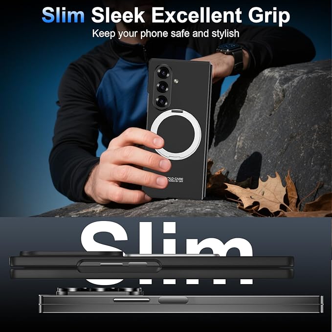 360 Spin Magnetic Stand for Samsung Galaxy Z Fold 7 Case, with Screen Protector [Compatible with MagSafe] Slim PC Hard Ring Holder Kickstand Protection Cover for Samsung Z Fold 7 Phone Case (Black)