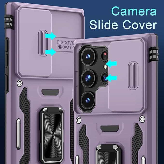 DEERLAMN Case for Samsung Galaxy S25 Ultra with Slide Camera Cover+Screen Protector (1 Pack), Rotated Ring Kickstand Military Grade Shockproof Protective Cover-Deep Purple