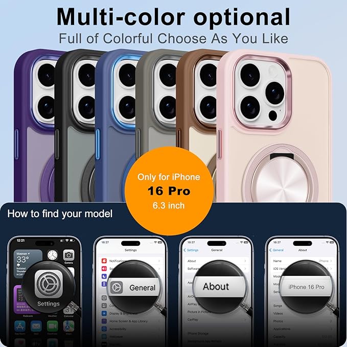 ZIYE Blue Case for iPhone 16 Pro Case with Stand [Compatible with MagSafe] Slim Heavy Duty Protection Military Grade Shockproof Magnetic Cover with 360 Rotatable Ring Kickstand for Women Men