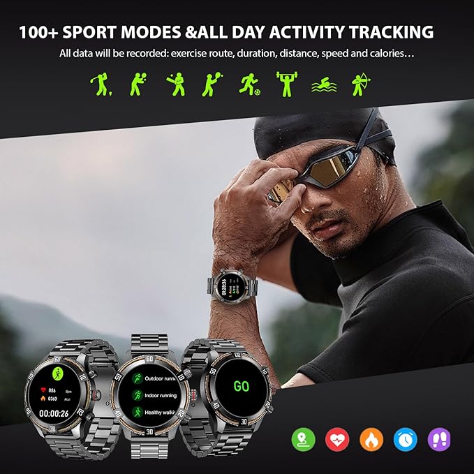 Smart Watch for Men Bluetooth Answer/Make Call, 1.43" AMOLED Display Luxury Smartwatch, Fitness Tracker with 100+ Sport Modes, Heart Rate/Sleep Monitor for iOS Android, 2 Watch Bands (Black)