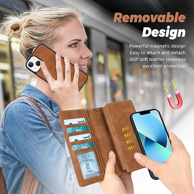 TwoHead Designed for iPhone 13 Wallet Case with Card Holder,Detachable Magnetic Phone Case with Wallet PU Leather Wallet Phone Case for iPhone 13 Case Wallet for Women/Men with Wrist Strap(Brown)