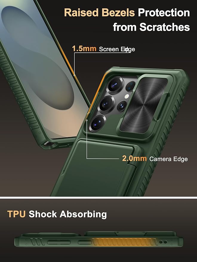 Vihibii for Samsung Galaxy S25 Ultra Wallet Case, Built-in Card Holder (4 Cards), [RFID Blocking] & Slide Lens Cover, Military Grade Drop Protection, Phone Case for Samsung Galaxy S25 Ultra, Green