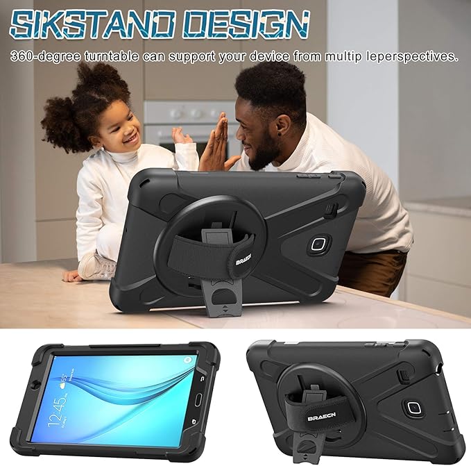 BRAECNstock Samsung Galaxy Tab E 8.0 Case (SM-T375/T377/T378),Shockproof Durable Protective Cover with 360° Kickstand&Hand Strap,Shoulder Strap,Kids Tablet Case for Galaxy SM-T377A/T377V/T378V,Black