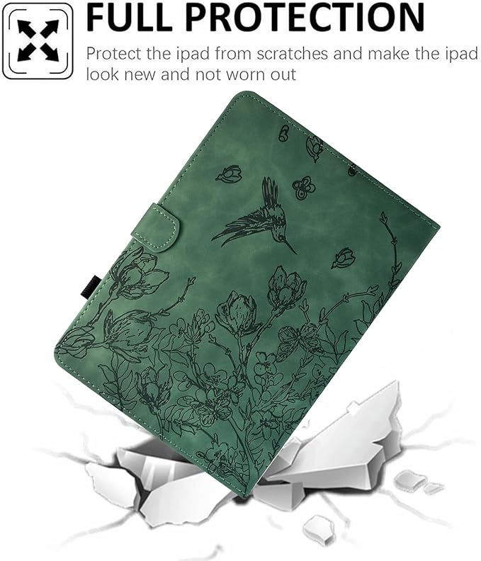 KEROM Case for Samsung Galaxy Tab A9+ Plus 11 Inch 2024 2023 (SM-X210/X216/X218), Embossed Suede Leather Folio Stand Cover with Auto Wake/Sleep & Card Slot & Pen Holder - Green Bird Flower Embossing
