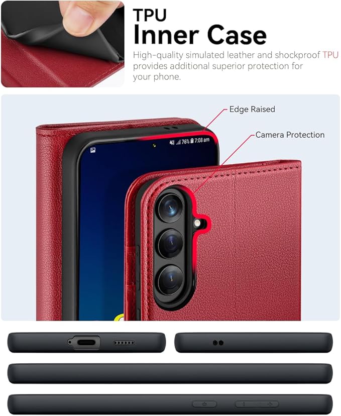 OCASE Compatible with Galaxy S25 FE Wallet Case, PU Leather Flip Folio Case with Card Holders RFID Blocking Kickstand [Shockproof TPU Inner Shell] Protective Phone Cover 2025, Litchi Burgundy