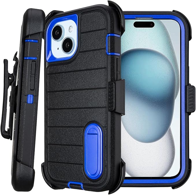 for Rugged iPhone 15 Case with Belt Clip Holster, Military Grade Heavy Duty Shockproof Cover for iPhone15 Case Protective with Stand 6.1 Inch (Black+Blue)