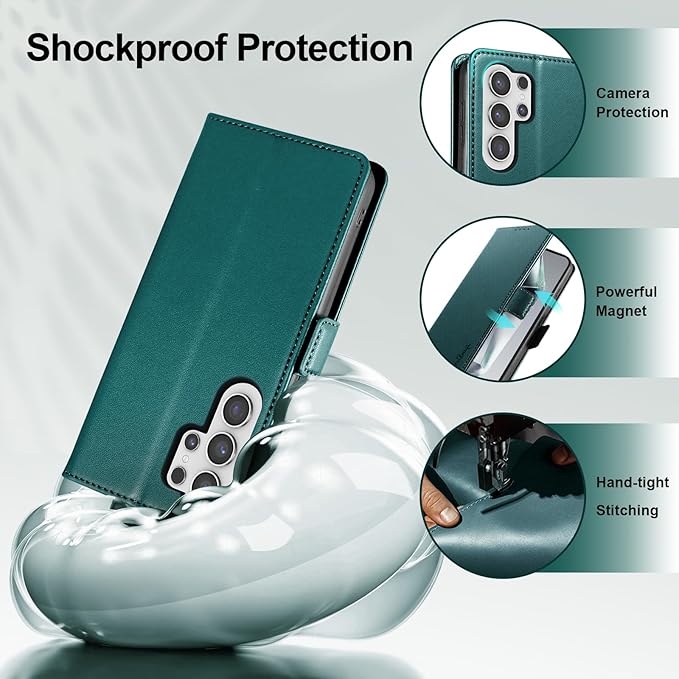 Wallet Flip Case for Samsung Galaxy S25 Ultra 5G - [RFID Blocking] Luxury PU Leather Card Holder Magnetic Phone Cover with Kickstand,Shockproof Protective Case,Green